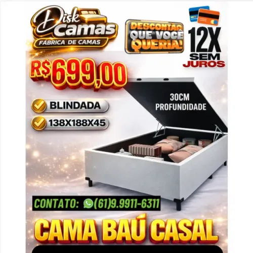 Cama Baú Casal Blindada + Mega Espaço Interno. Medida: 138x188x45 (Casal padrão)