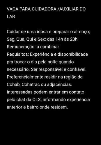 Cuidadora de Idosos/Auxiliar doméstica 