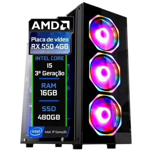 PC Gamer, Intel Core I5 Geração 3, 16GB, AMD RX 550 4GB, SSD 480GB
