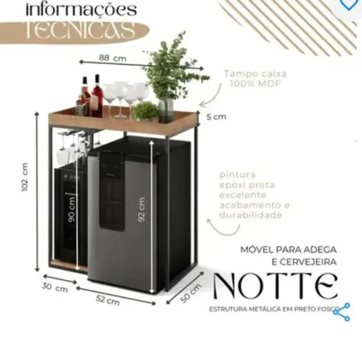 Aparador Bar para Adega Cervejeira ou Frigobar MDF Metal Industrial Notte