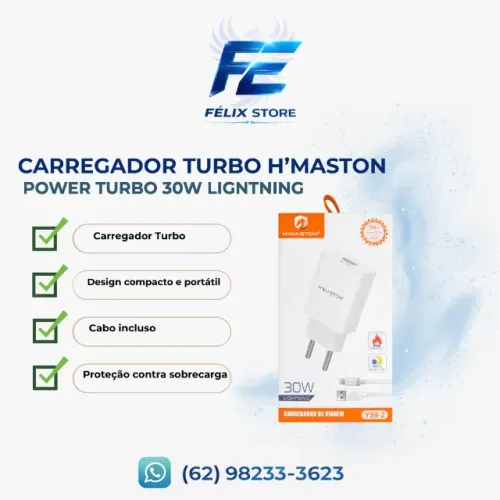 Carregador Rápido Branco 30w Para Iphone Lightning H'maston Original