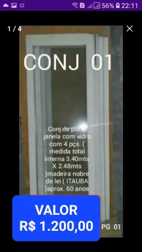 CONJ. DE 4 PORTAS ( FOLHAS ) JANELAS DE CORRER EM MADEIRA ITAUBA E VIDROS GROSSOS  USADAS 