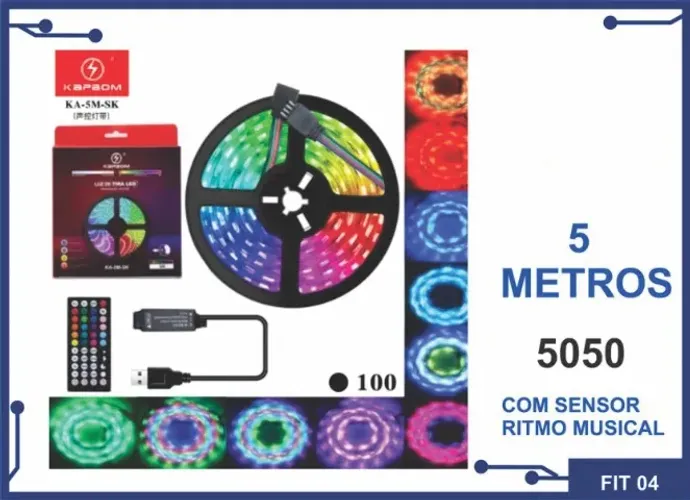 FITA DE LED 5 METROS 5050 COM SENSOR DE RITMO MUSICAL