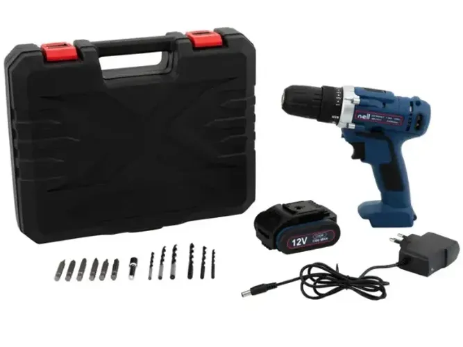 Furadeira e parafusadeira a bateria 12v velocidade variável 3/8" com maleta + 13 peças