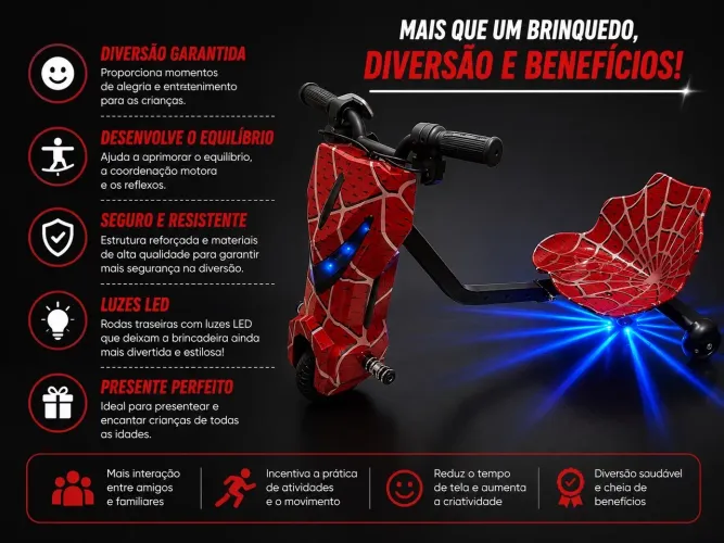 Triciclo drift 300w com Bluetooth e homem aranha