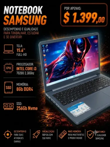 Notebook Samsung i3 7020U 2.3Ghz / 8Gb DDR4 / SSD 256Gb / Tela 15,6 FullHD (aceito cartão)