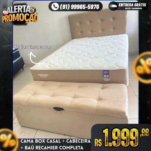CAMA BOX CASAL + CABECEIRA + BAÚ RECAMIER