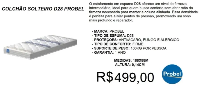 Colchão Solteiro D28 Probel