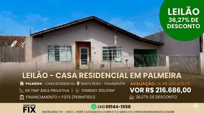 OPORTUNIDADE EM PALMEIRA: CASA COM TERRENO DE 300m² E DESCONTO DE R$ 123 MIL NO BAIRRO SAN