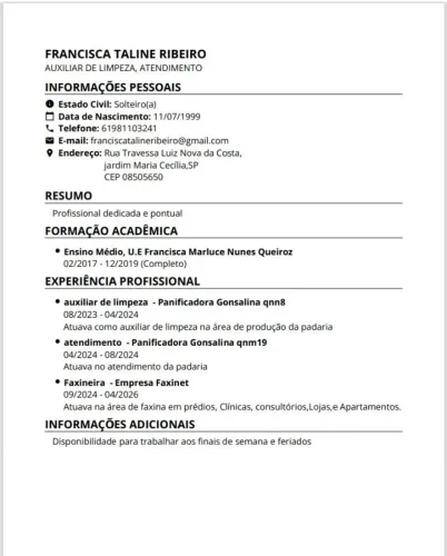 Faxina, auxiliar de limpeza, atendimento