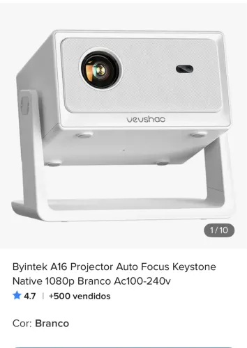 Byintek A16 Projector Auto Focus Keystone Native 1080p Branco Ac100-240v