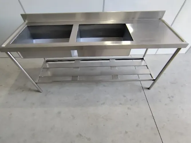 Pia industrial linha pesada em aço inox, 2 bojos, 280x60x90cm