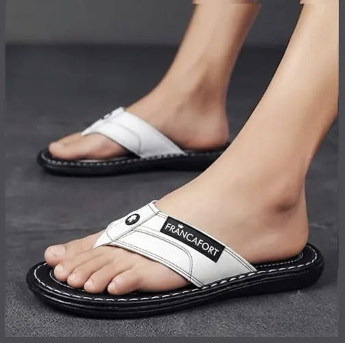 Sandália Masculina Couro Francafort Branca Casual Dia-Dia Chinelo Costurado Antiderrapante