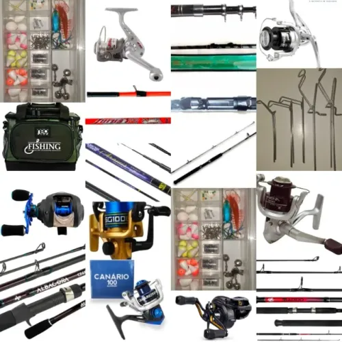 Lote Completo de Equipamentos de Pesca - Varas, Molinetes, Carretilhas e Acessórios