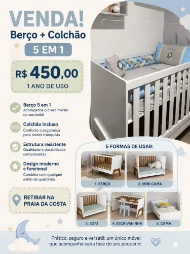 Berço 5 em 1 + Colchão