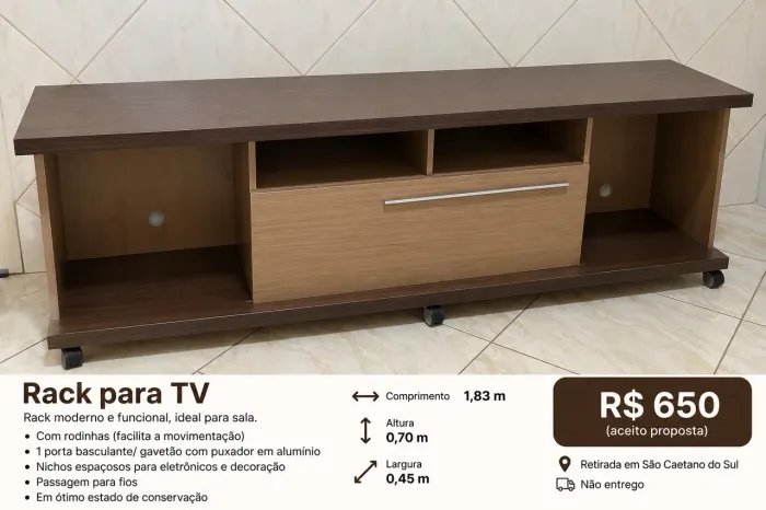 Rack para TV grande com rodinhas - 1,83 m