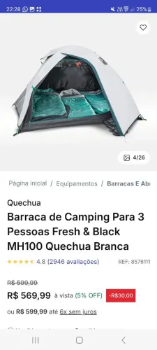 Vendo barraca de camping para 3 pessoas Fresh & Black - Nova sem uso, na caixa.