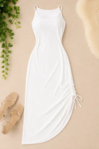 Vestido longo creme com amarrações