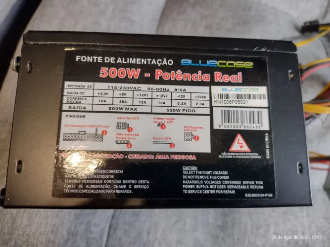 Fonte para PC 500 Wats reais marca Bluecase.
