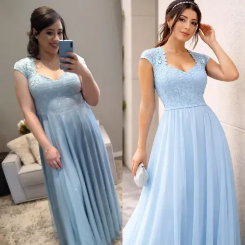 Vestido Longo Festa Madrinha Azul Serenity com brilho