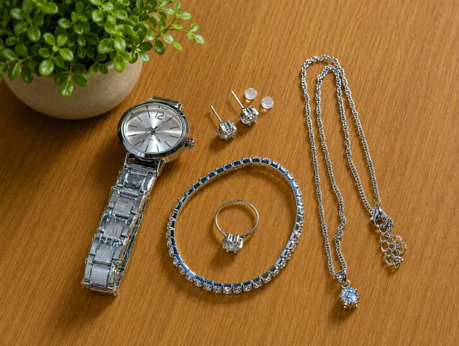 Kit Feminino Luxo Relógio + Colar + Pulseira + Brincos + Anel com Cristais