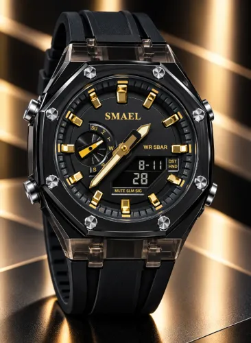 Relógio de pulso Smael Ana-Digi Preto/Dourado Silicone PROVA D'ÁGUA Novo