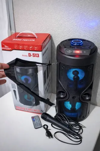 Caixa De Som Portátil Bluetooth Rádio FM USB SD Controle Remoto Microfone Torre