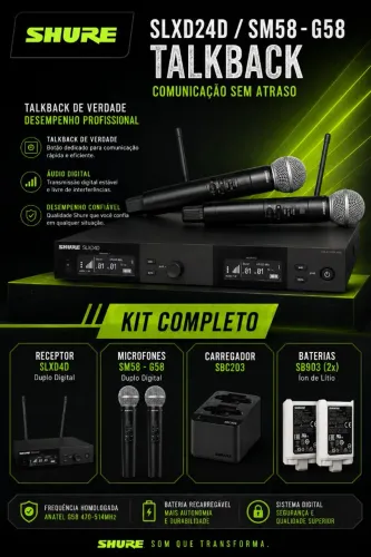 MICROFONE SEM FIO SHURE ORIGINAL SLXD24D/SM58 G58 COM TALKBACK PROFISSIONAL