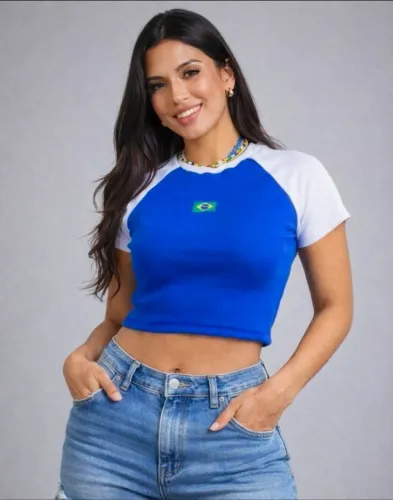 Blusa Cropped Feminino Brasil Colors Copa Bordado 