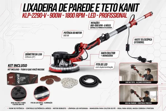 Lixadeira Parede Teto Kanit 900W 1800rpm Lixas Led E Saco Coletor Vermelho E Preto 50/60hz