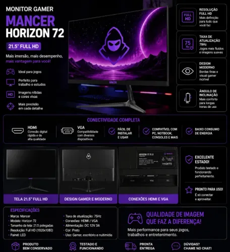 Monitor Gamer Mancer 21.5" 100Hz HDMI - Pouco Uso