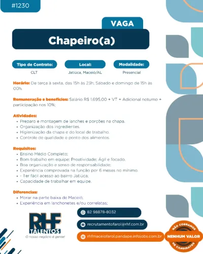 Chapeiro(a) #1230 - Hamburgueria - Jatiúca (Noturno)