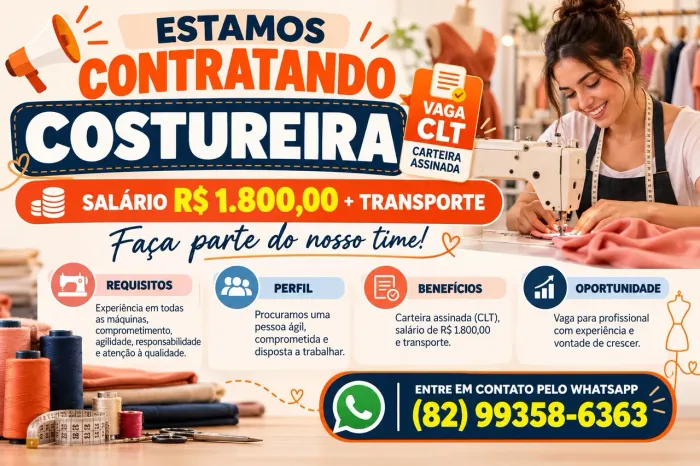 Vaga para Costureira com Experiência | CLT | R$ 1.800 + Transporte