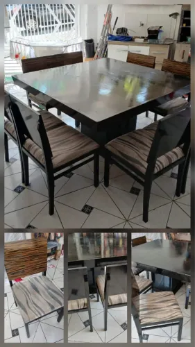 Conjunto de mesa c/ 8 cadeiras (madeira c/ tampo de vidro )