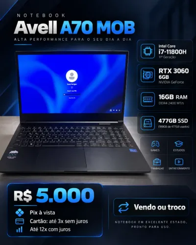 Notebook Gamer Avell A70 MOB - i7 11ª Geração + RTX 3060 6GB + 16GB RAM