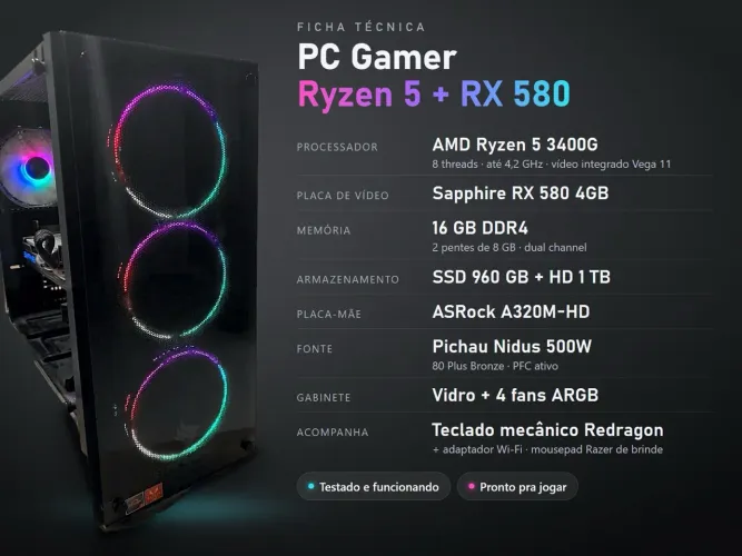 PC Gamer Ryzen 5 + RX 580 + 16GB RAM + SSD 960GB + HD 1TB + Teclado Mecânico