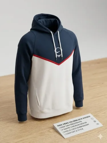 moletom nike hoodie colorblock azul marinho e branco com chevron vermelho