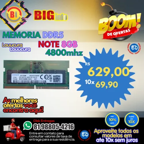 Memoria 8gb Ddr5 4800mhz Sodimm Samsung - NOTEBOOK - Em ate 10x Fixas