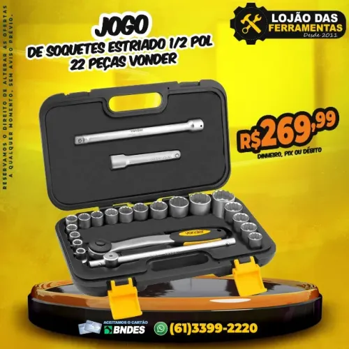 Jogo de Soquetes Estriado 1/2 Pol 22 Peças VD * Vonder