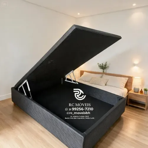 Cama Box Baú Casal 1,38x1,88 Inteiriço Blindado Pistão a Gás Suede Bege