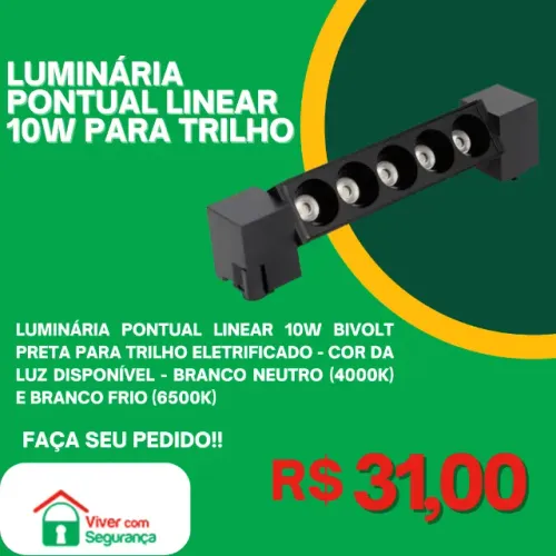 Luminária Pontual Linear para Trilho 10W Preto Branco Frio ou Branco Neutro