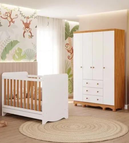 Roupeiro Junior 4 Portas + Berço Cama Americano Ben, 100% MDF - Peroba