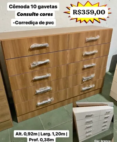 Cômoda com 10 gavetas cores disponíveis, Branco,<br>Preto e Cinamono 