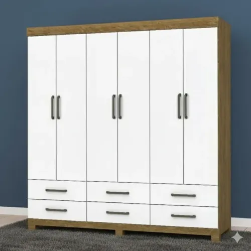 Guarda roupa de casal com 6 portas 6 gavetas cinamomo branco