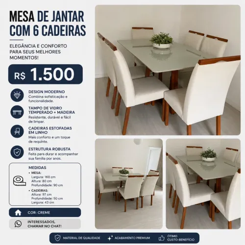 Conjunto Mesa + 6 Cadeiras em Linho | Design Elegante por R$ 1.500