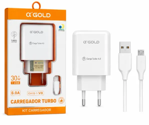 Carregador Completo Turbo 30W USB - Para iPhone / Tipo-C / V8 - Novo