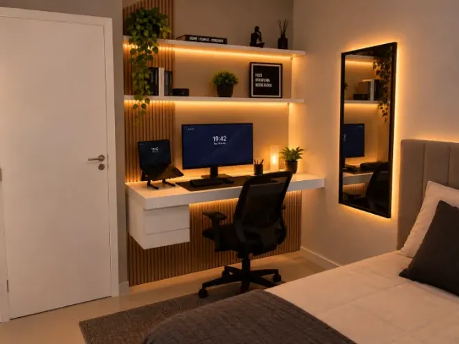 escritório home office, sob medida, mesa de escritório com painel ripado e led