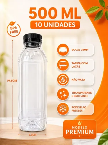 Kit com 60 unidades Garrafa 500ml com lacre, modelo Premium quadrada