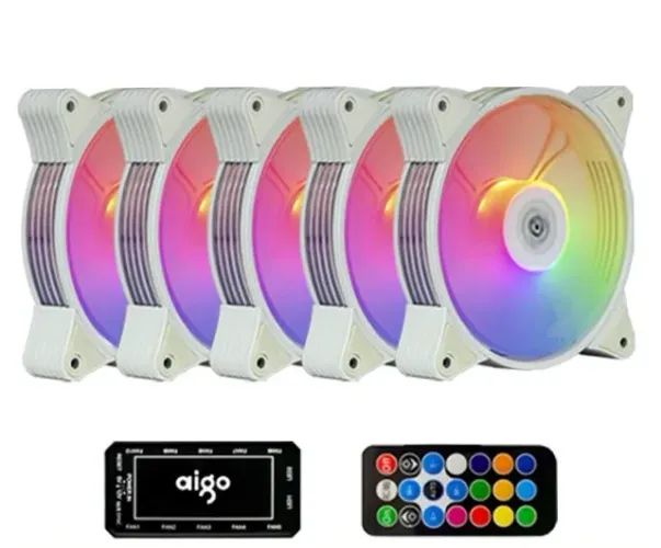 Kit com 5 Ventiladores Brancos Aigo AR12 - 120mm ARGB