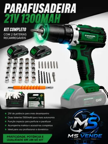 Parafusadeira e Furadeira de Impacto 21V com 2 Baterias e Kit Completo - Nova
